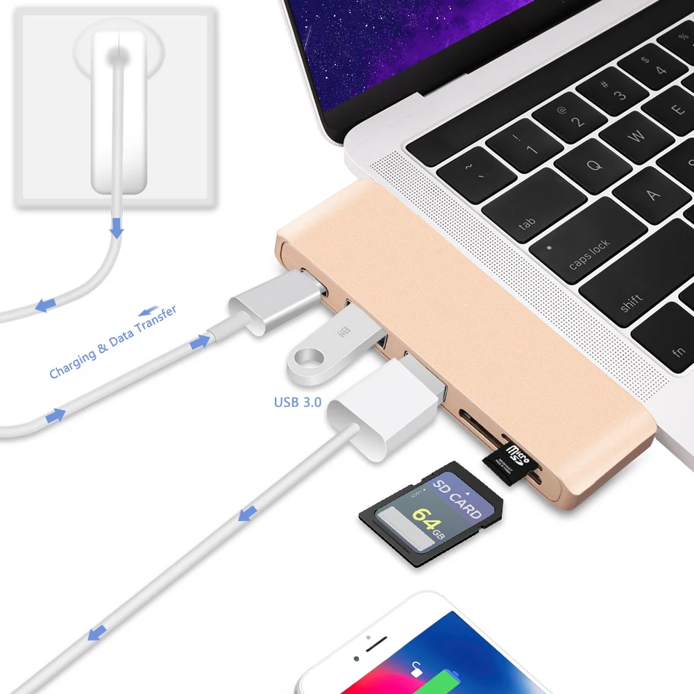 Сдвоенный USB C концентратор Thunderbolt 3 адаптер с Micro SD/картридер слот для MacBook Air 13
