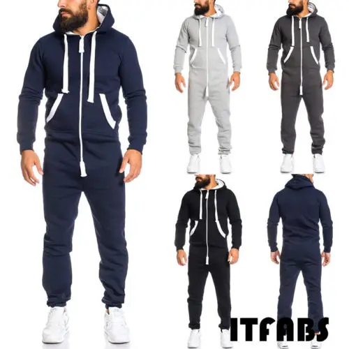 Fashion Mens Jumpsuits One Piece Pants Hooded Trouser Romper Sport Men
