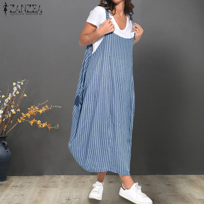 Women Summer Dress Loose Sleeveless Pleated Striped Strappy with Both Side Pockets Sundress