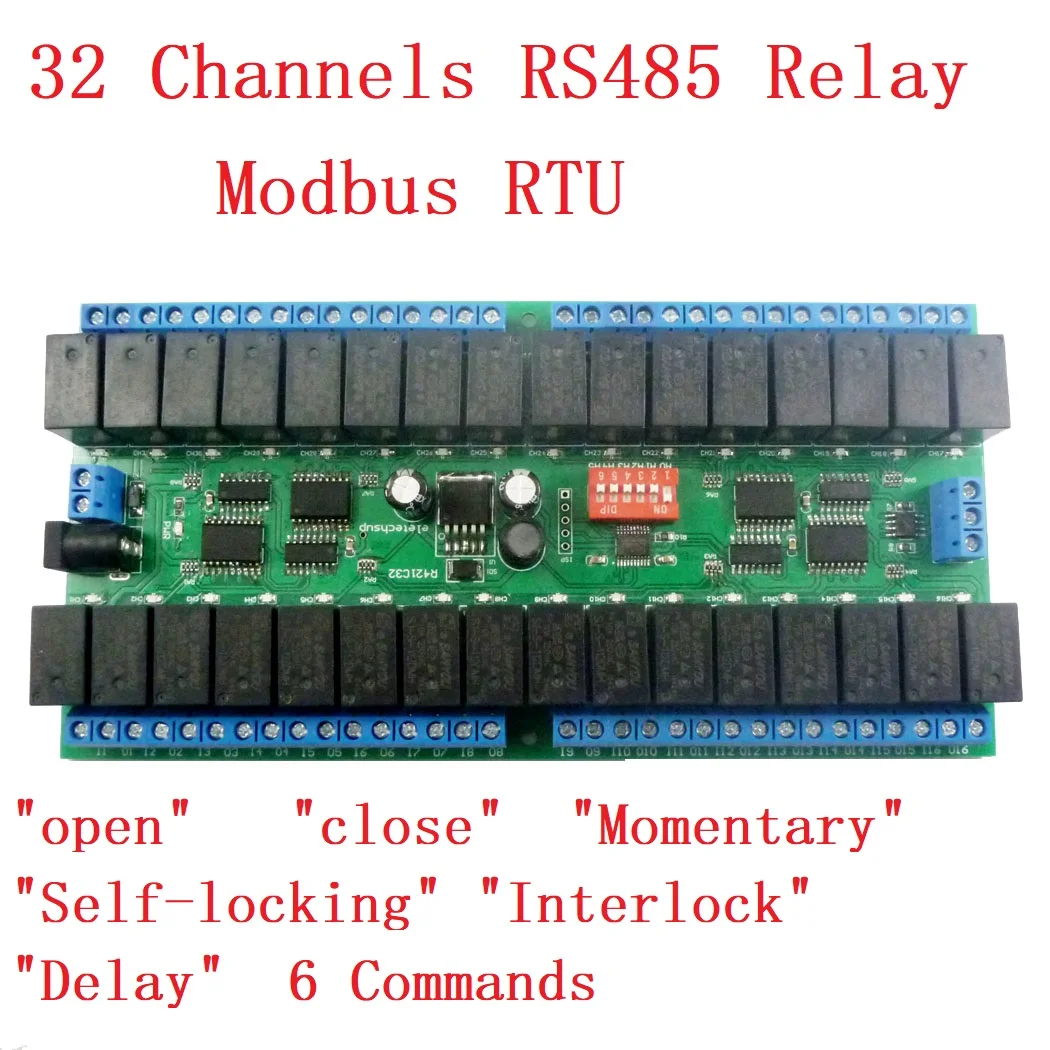 Modbus Rtu Rs485 Módulo de Relé Bus Uart Serial Port Board Plc Led Home Automation Door Lock R421c32 dc 12v 32 Canais
