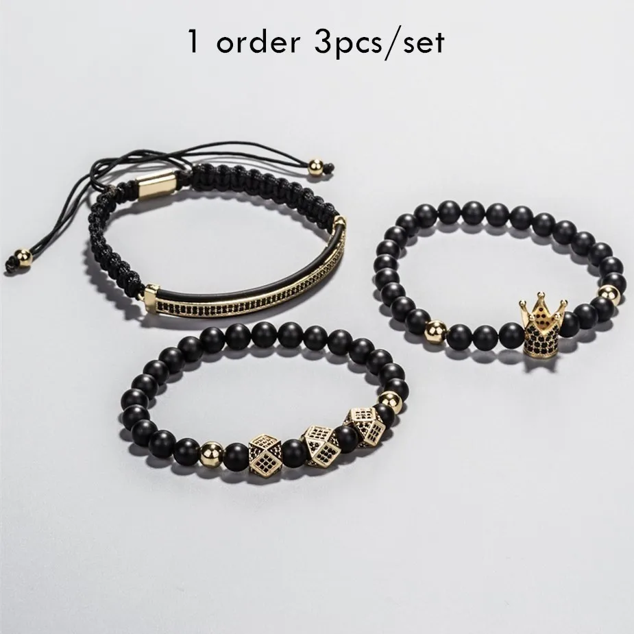 3pcs/Set Hip Hop Elastic Rope CZ Crown Bracelet Striped Black Natural Stone Beads Women Men Luxury Jewelry Pulseira Bileklik - Image 6