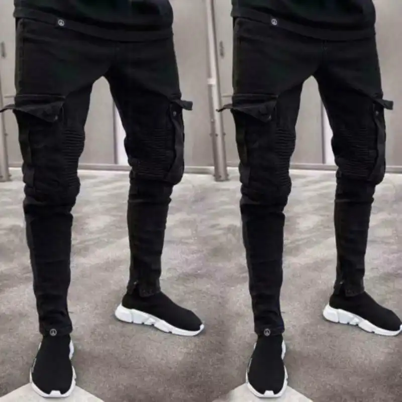 casual plain multi pocket mid waist regular men's pants