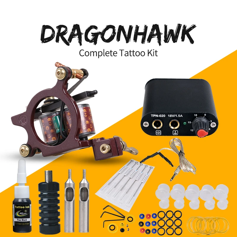 【タトゥーセ】 初心者コンプリートタトゥーキットマシンガンタトゥーインクセット電源グリップボディアートツールセットパーマネントメイクアップ