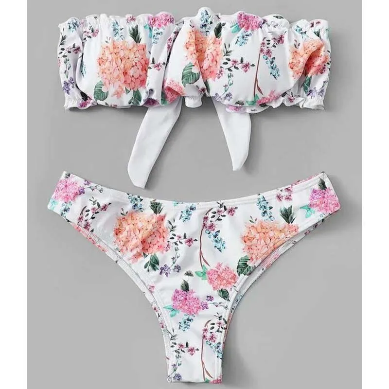

Sexy White Floral Bandeau Swimsuit Push Up Tube Top Bikini Set 2019 Swimwear Beach Bathing Suit Swim Wear Women's Swimming Suit
