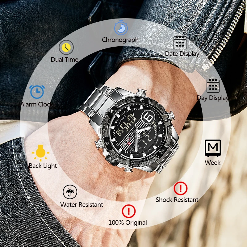 NAVIFORCE для мужчин часы Роскошные спортивные и фирменные светодиодный кварцевые