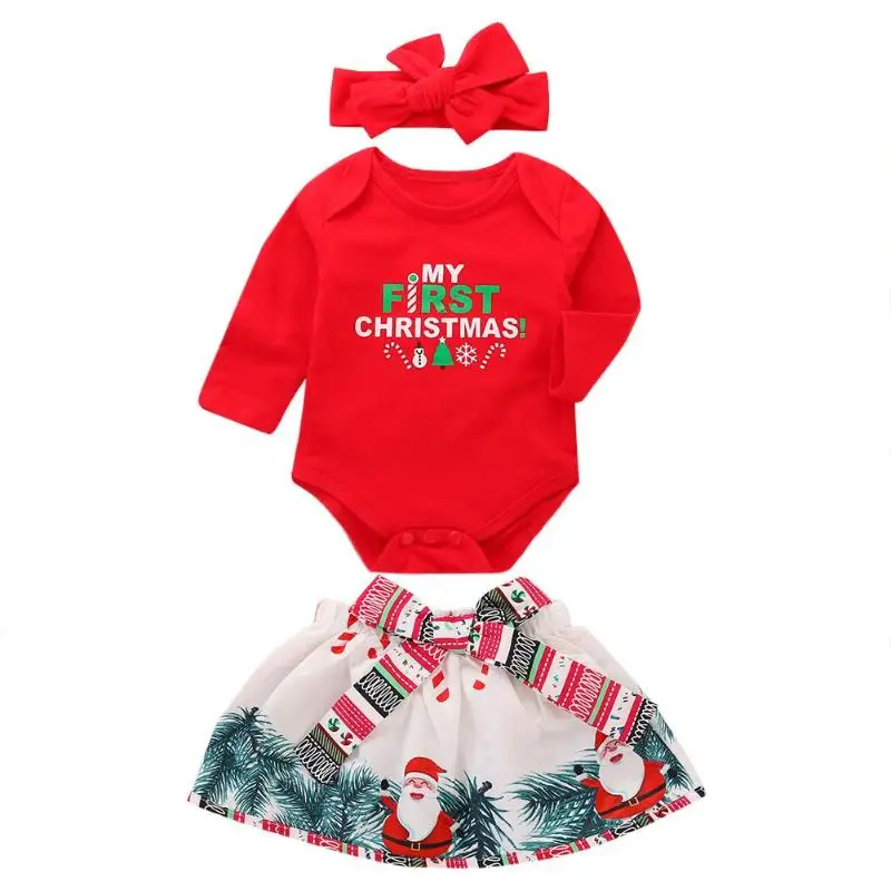 Christmas Newborn Baby Clothes Set 3pcs Girl Rompers Bowknot Skirt