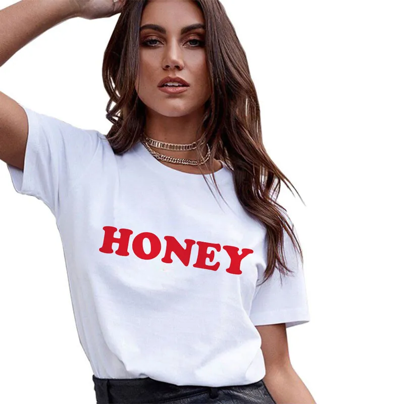 

Plus Szie Summer Women T-shirt Tops HONEY Letter Print Casual Cotton O Neck Short Sleeve T Shirt Harajuku Tops 4XL GRNSHTS