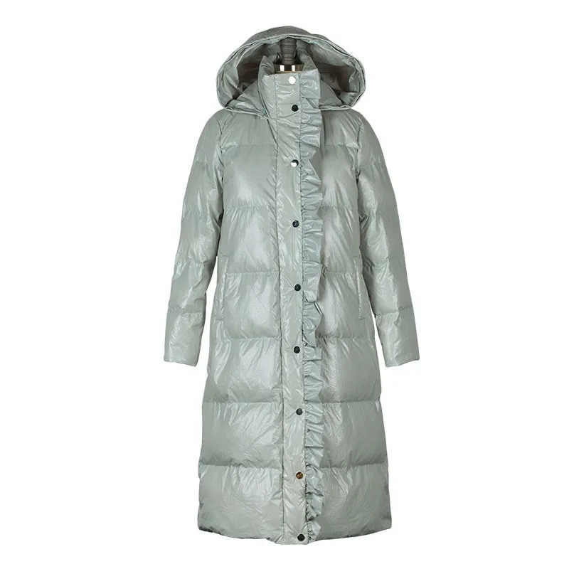 Зимний женский длинный тонкий и светильник Теплая куртка-пуховик Для женщин оборками мода Винтаж парка с капюшоном размера плюс HJ62