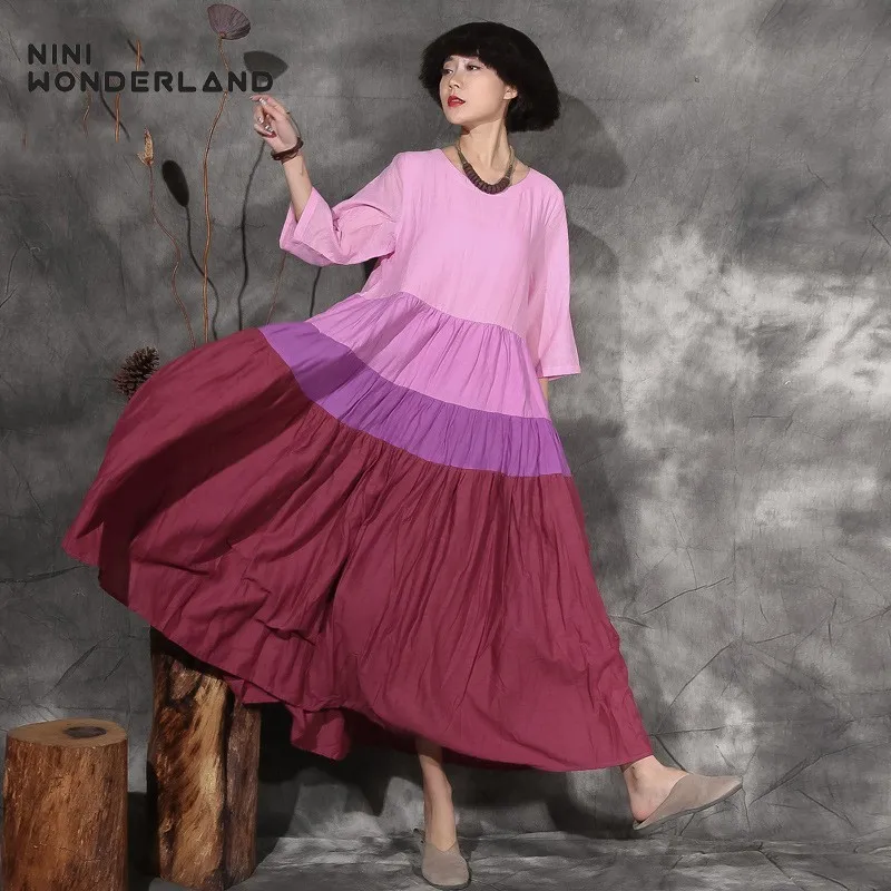 

NINI WONDERLAND 2018 Spring Summer Patchwork Cotton Linen Large Bottom Fashion Long Dress For Female Women Loose Vintage Dresses