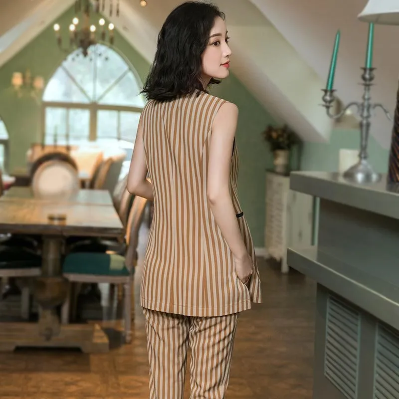 2 Piece Set Elegant Women Long Vest Suit Plus Size Casual Blazer Suit Sleeveless Striped Jacket Office Lady Blazer Trousers 5XL