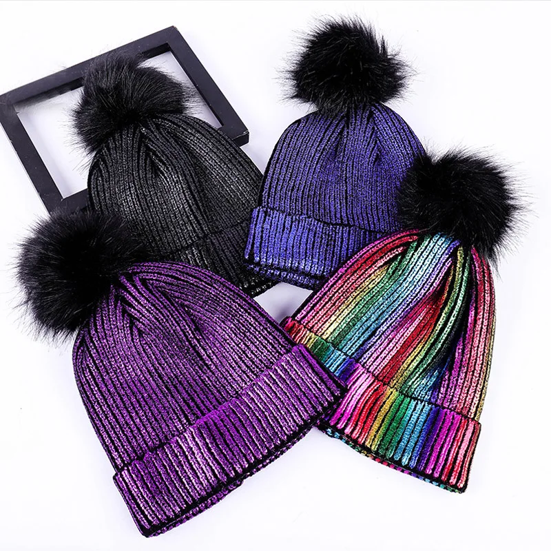 

Fashion 1PC Bronzing Gold Silver Color Skullies Beanie Hat Warm Winter Knitted Caps For Women Female Girls