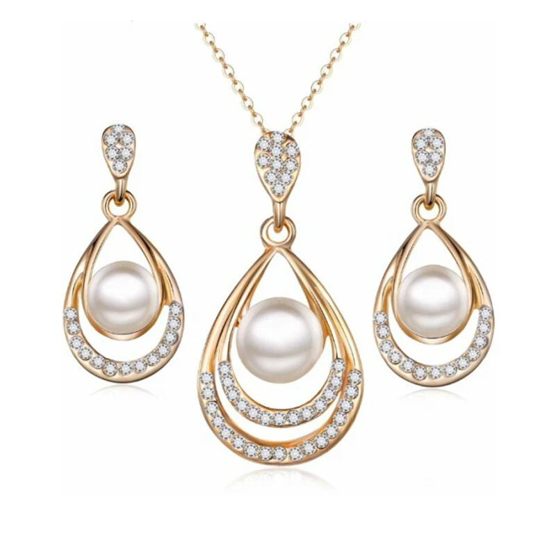 

2019 New Hot Fashion Bride Wedding Party Simulated-pearl Crystal Water Drop Chokers Necklace/Drop Earrings For Women Jewelry Set