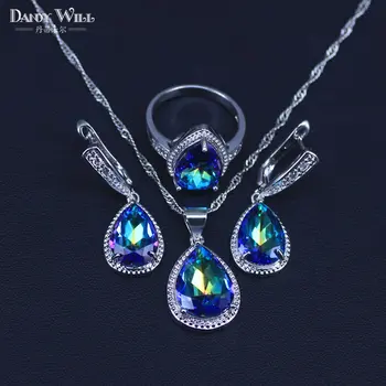 

Natural Mystic Rainbow Cubic Zirconia Silver Color Costume Jewelry Set For Women Wedding Earrings/Pendant/Necklace/Rings