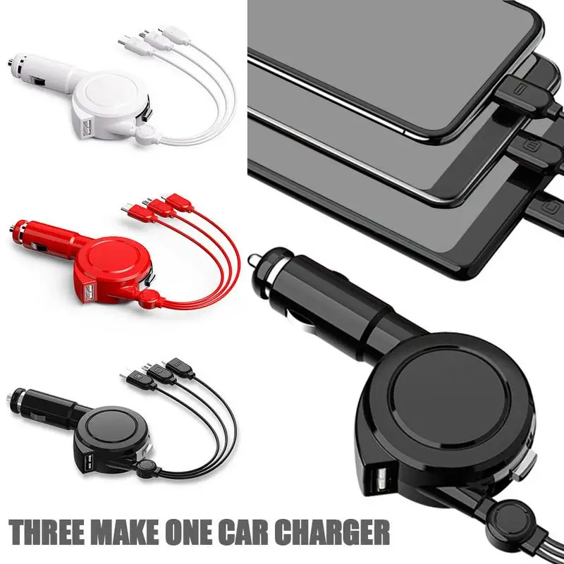 

1 For 3 Retractable Cable Fast Car Charger With Date Cable For Mobile Phones Vehicle Cigarette Lighter Plug Car Charger