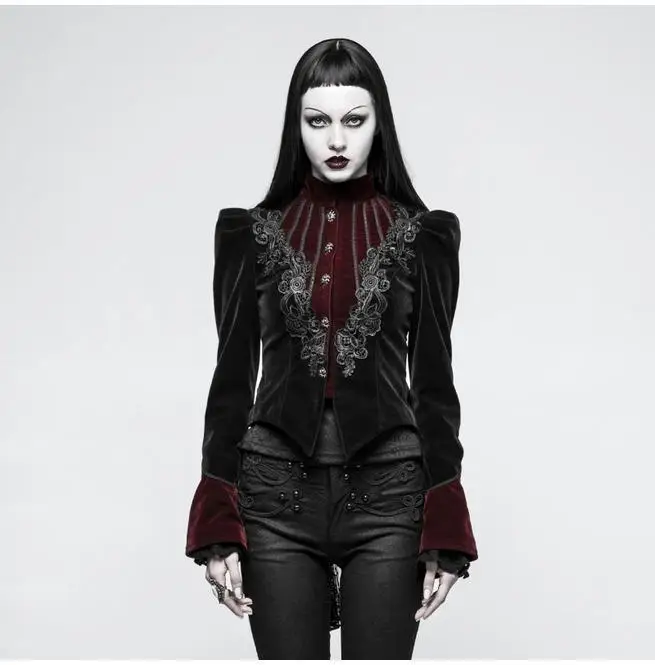

Punk Rave Women's Gothic Stand Collar Forked Tail Velvet Jackets Y-769