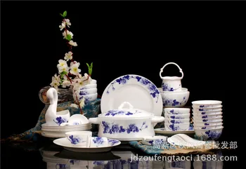 

Hand-painted Blue and White 60 Pieces Chinese-style Jingdezhen Living Room Bone Porcelain Tableware Set Bone Porcelain Hotel Res