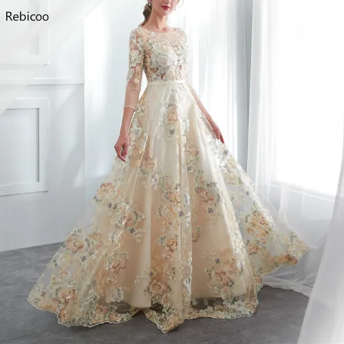 

Champagne Scoop Neck Embroidery Backless Three Quarter Floor Length Long Prom Party Dress Vestido de noche Robe de soiree 30660