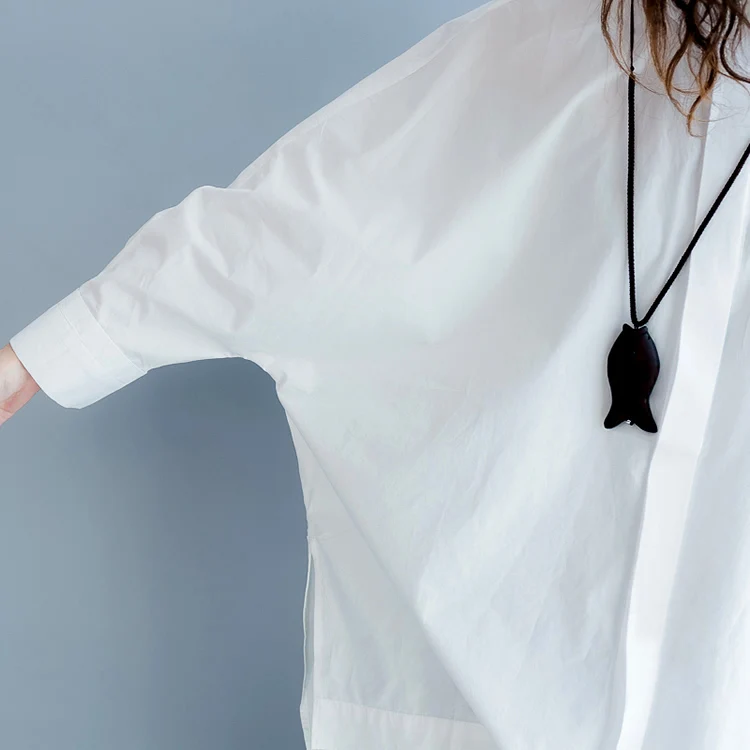 #5742 Spring Casual Bat Long Sleeve Shirt Women Printed Long White Blouse Shirt Cotton Plus Size Loose Vintage Tunic Side Split #5742 Spring Casual Bat Long Sleeve Shirt Women Printed Long White Blouse Shirt Cotton Plus Size Loose Vintage Tunic Side Split