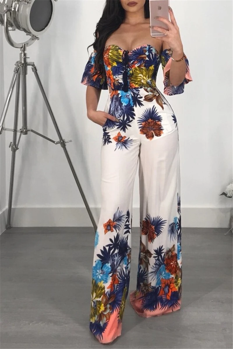 Women Off Shoulder Clubwear Playsuit Casual Short Sleeve Party Romper Summer Fashion Bandage Wide Leg Elegant Bodycon Jumpsuit