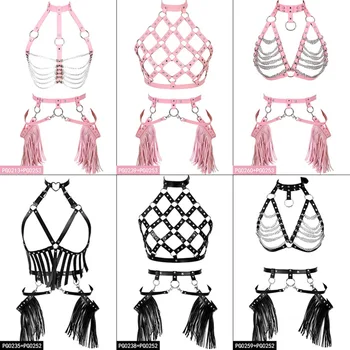 

Metal Chain Leather Harness Bra Set for Women Garter Belt Tassel Harajuku Goth Adjust Plus Size Sexy Lingerie Cosplay Clothing