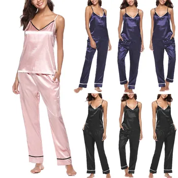 

2Pcs Women Silk Satin V-neck Pajamas Set Pyjama Sleepwear Nightwear Loungewear Homewear Sleeveless Pajama Sets PJS