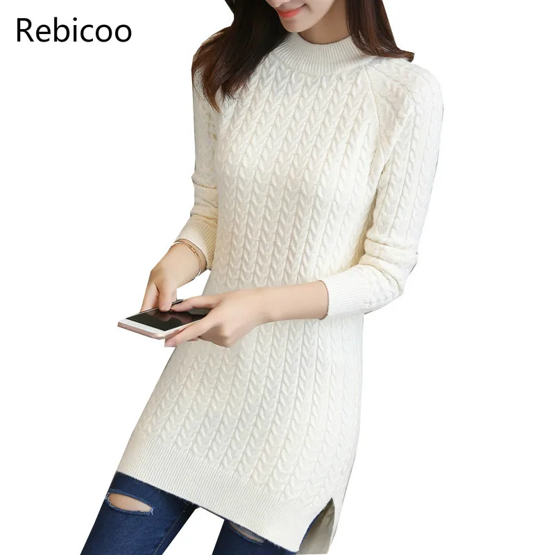 

Medium long pullover sweater female spring new loose bag hip bottoming Top ladies solid color split fork slim knit jacket women