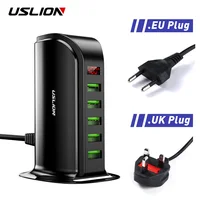 USLION-Cargador de múltiple puertos para teléfono móvil, estación de carga de escritorio con 5 tomas USB, de enchufe europeo/británico, pantalla LED