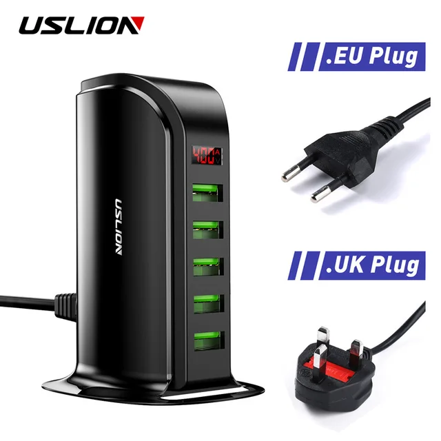 USLION 5 Multi Port USB Charger Hub For Mobile Phone EU UK US Plug LED Display USB Charging Desktop Station Dock Chargers 1