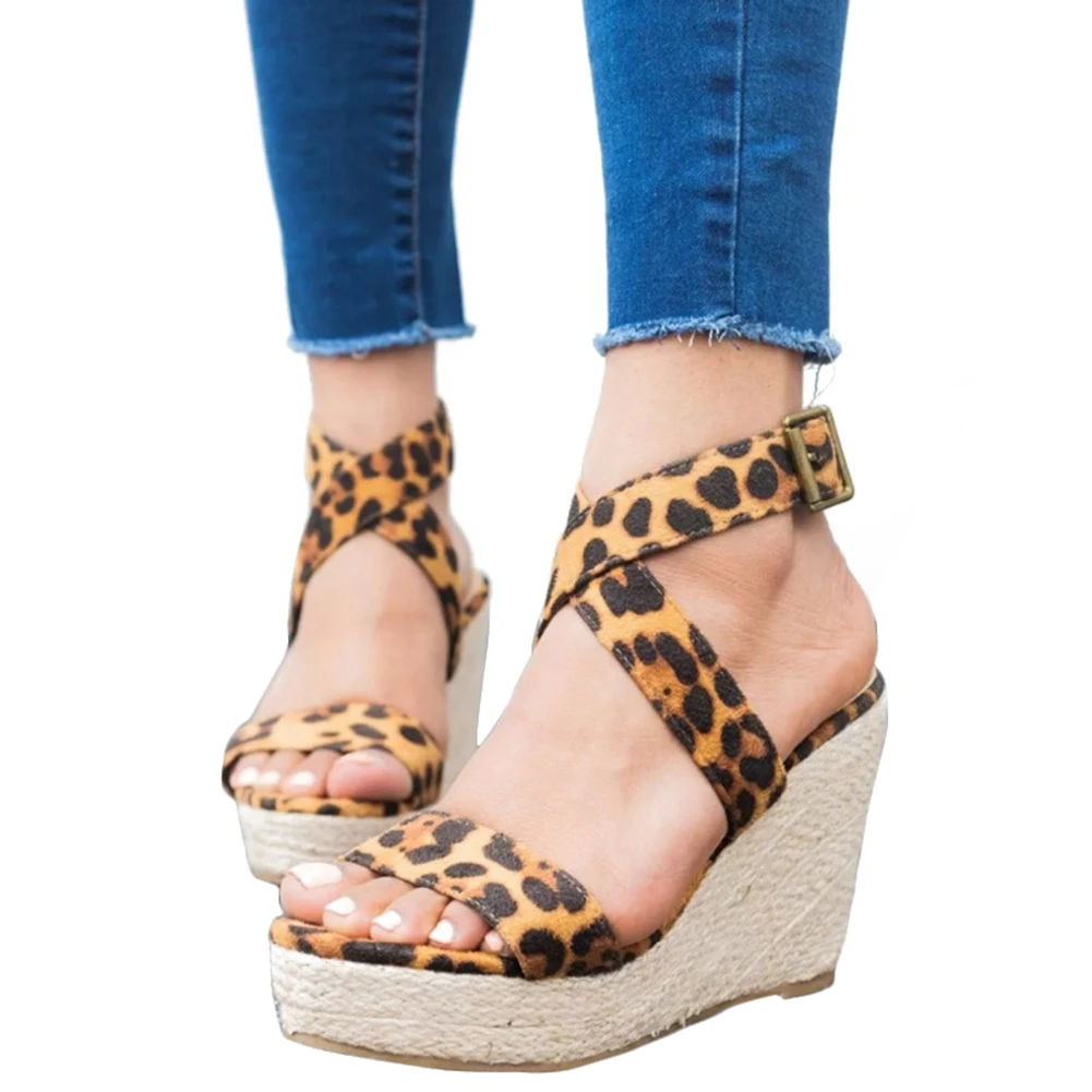 

Women's Suede Leopard Ankle Strap Sandals 2019 Summer Vintage Wedges Platform Heels Hemp Rope Weaving Shoes Rose Beige Footwear