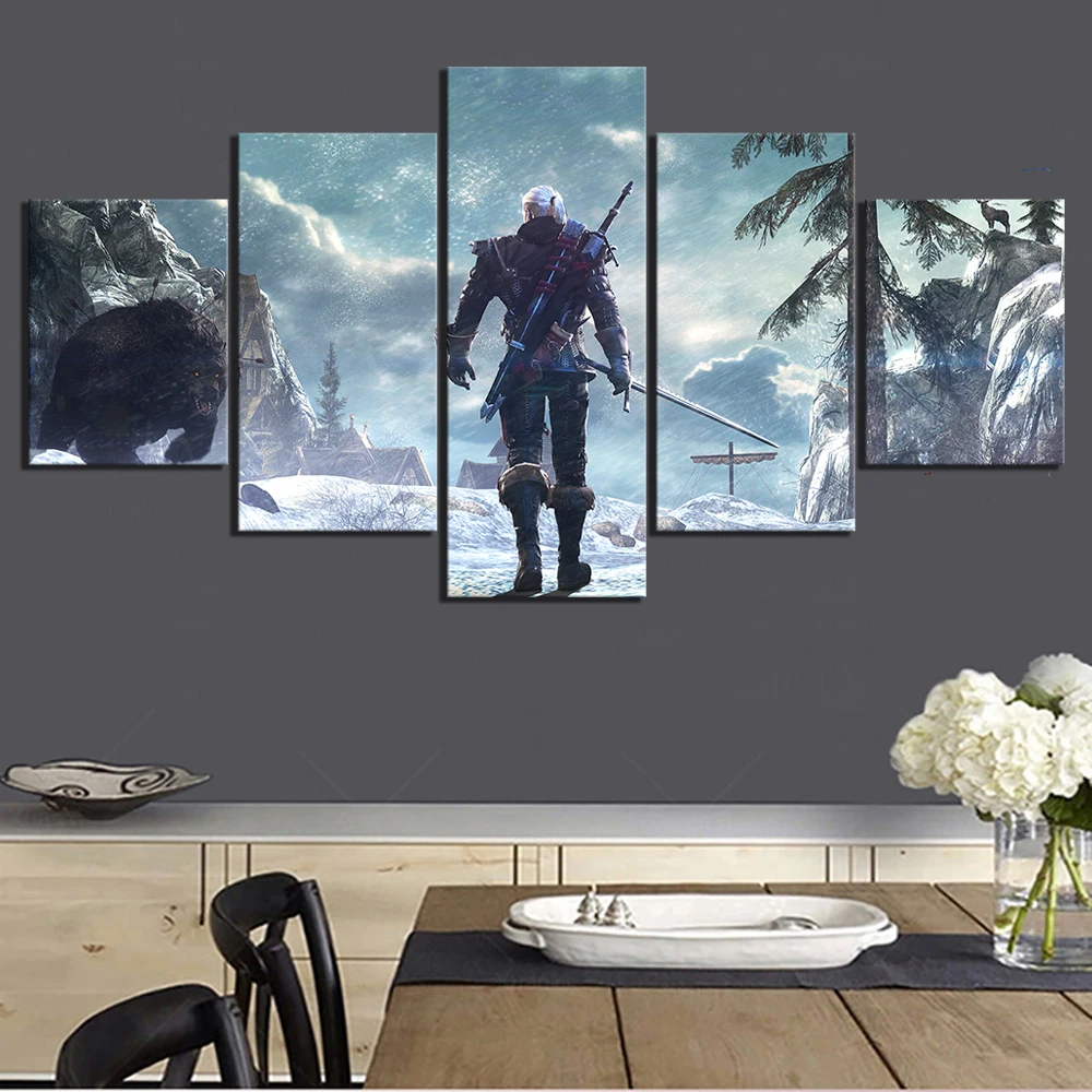 

5 Piece The Witcher 3 Wild Hunt Game Poster Artwork Paintings Canvas Art for Living Room Wall Decor