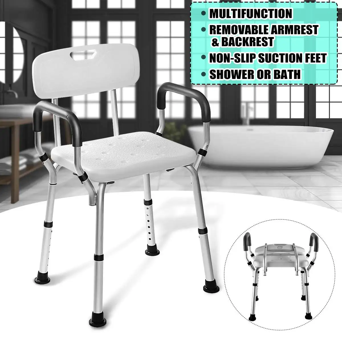 

Adjustable Medical Bathtub Aluminium Height Bath and Shower Seat Chair Seat Stool Armrest Back White Bathroom Safety