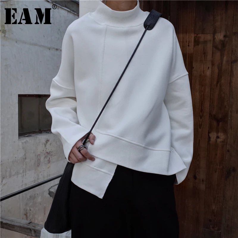  [EAM] 2020 New Spring High Collar Long Sleeve Black Loose Irregular Hem Large Size Sweatshirt Women
