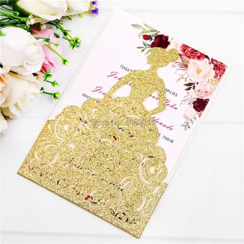 

PONATIA Luxury Wedding Invitation Cards Pretty Girl Dressing for Girl's 15 Quinceanera Engagement Wedding Party (Gold Glitter)