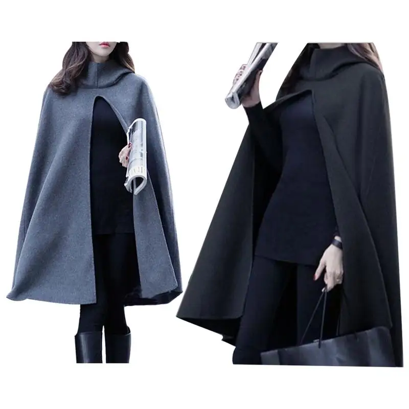 MISS M Autumn And Winter New Hooded Woolen Cloak Coat Women Bat Sleeve Long Poncho Cape Coat Windbreaker Shawl Coat Female Gray