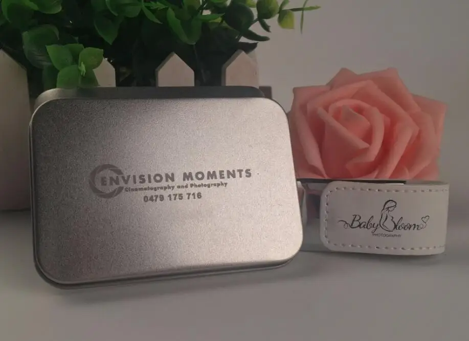 New Customized Logo White Leather USB 3.0 Flash Drive Wedding Gift with Metal Box Packings