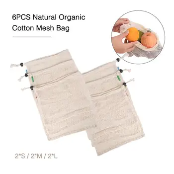 

6PCS/Pack Natural Mesh Bag Fruit Vegetable Storage Bag Drawstring Food Organizer Reusable Mesh Pack Cotton Linen Storage Net