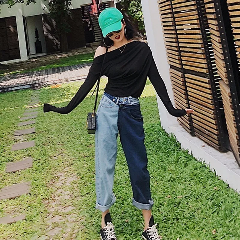 Irregular Loose casual Women Patchwork Jeans High Waist Summer Denim Long Trousers Fashion Clothing Large Size Irregular Loose casual Women Patchwork Jeans High Waist Summer Denim Long Trousers Fashion Clothing Large Size