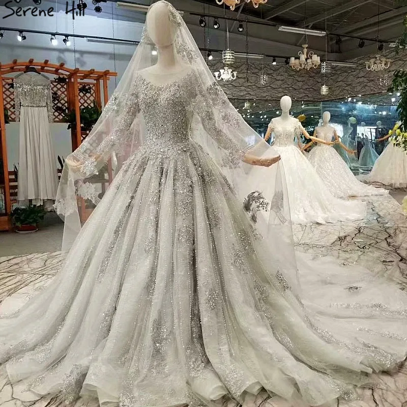 Серое высококачественное свадебное платье с длинными рукавами, роскошное Сверкающее расшитое блестками кружевное свадебное платье, реальное изображение