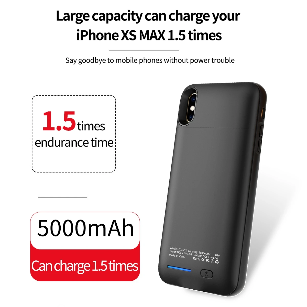 

For iPhone Xs Max 5000mAh Battery Charger Phone Case Extended Battery Backup Power Bank Anti-fall Protective Phone Cover Case
