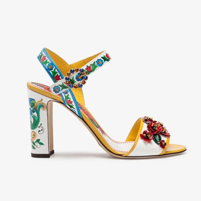 

2019 Summer Latest Designer Painted High Heel Sandals Flower Decor Women Shoes for Holiday