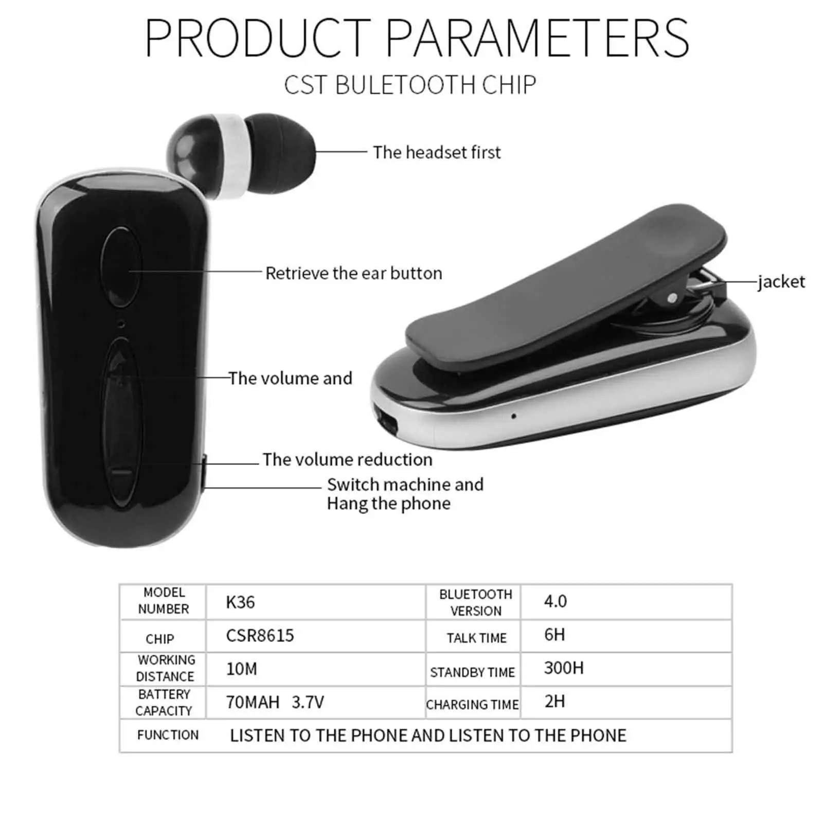 Wireless Headphone Bluetooth Earphone Mini Clip Headset Noise Cancelling for Samsung Galaxy S9 S8 J7 J5 iPhone XR XS X Motorola