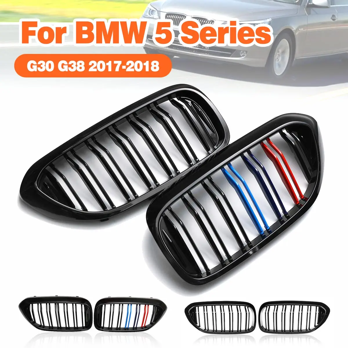 

Pair Gloss Black/Gloss Black M Color Car Double Slats Grilles ABS Front Dual Slats Grilles For BMW 5 Series G30 G38 2017 2018