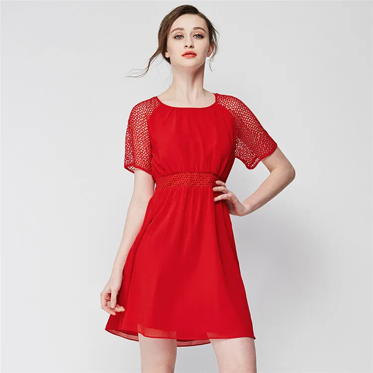 

Lace summer dress 2019 women's new elegant waist was thin chiffon mesh round neck short-sleeved dress female