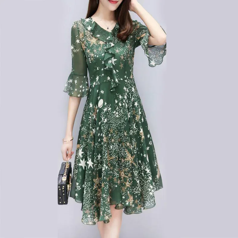 Summer Women Chiffon dresses Floral V Neck flare three quarter sleeve ...