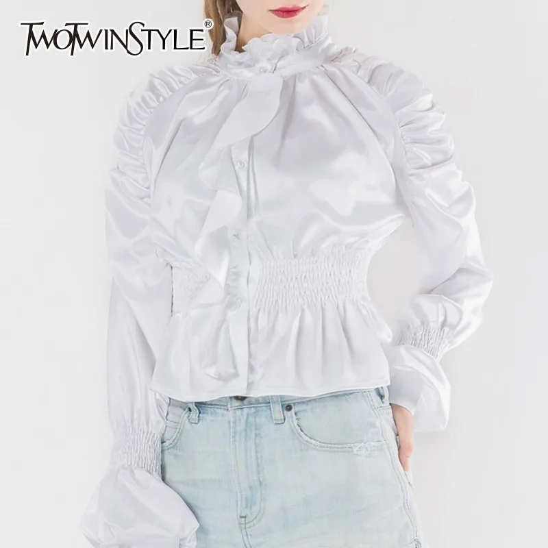 

TWOTWINSTYLE Women's Shirts Blouse Turtleneck Puff Long Sleeve Tunic Ruffle Tops Female Casual Fashion Tide 2019 Spring Autumn