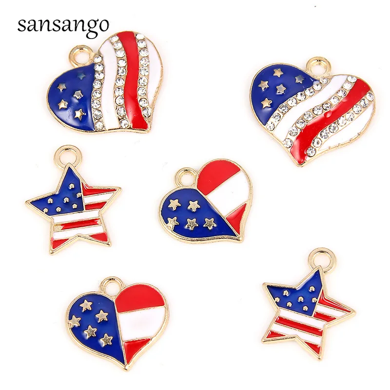 

10 pcs/lot American Flag Pattern Crystal Heart Start Enamel Pendant Charms For Jewelry Making DIY Accessories