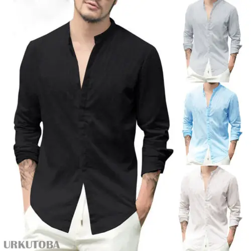 Новые мужские рубашки с длинным рукавом, однотонные хлопковые льняные повседневные рубашки с v-образным вырезом, хлопковые летние пляжные рубашки в китайском стиле