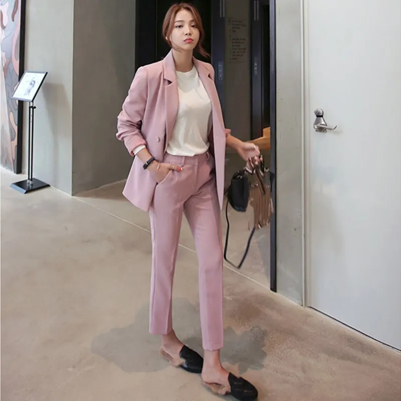 

Chic Loose Pant Suits OL Workwear Women's Sets Single Button Blazer Jacket Long Pant 2 Piece Set