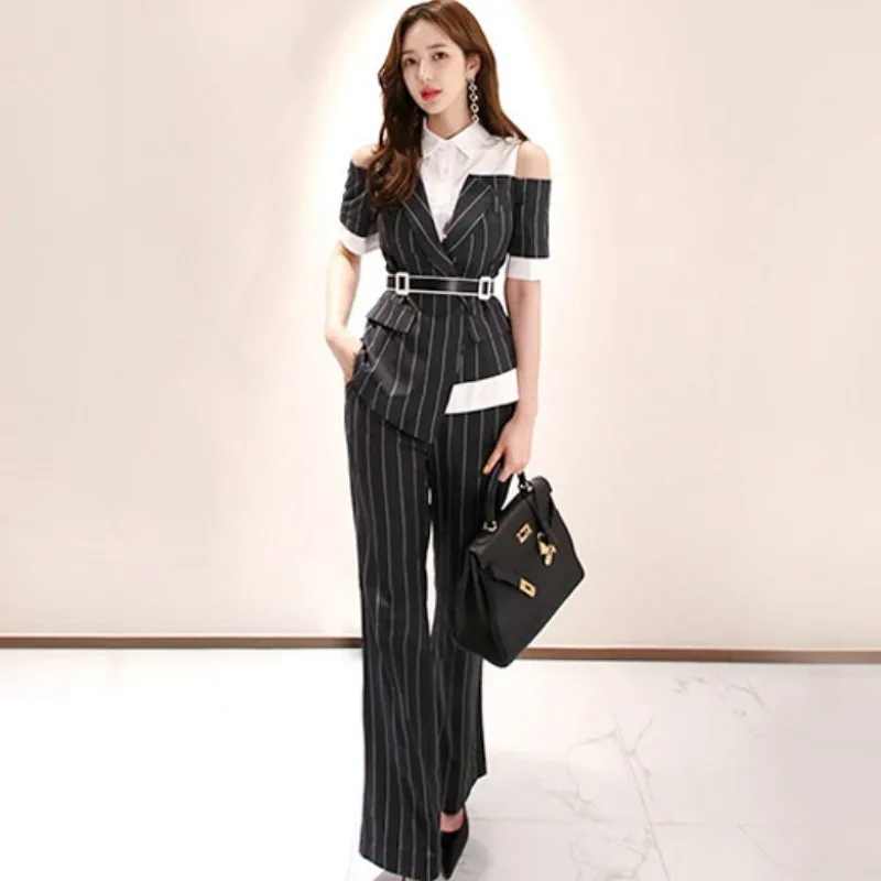 

Womens Work Wear Two Pieces Set Korean OL Style Shirt Patchwork Cold Shoulder Short Sleeve Belted Top + Striped Long Pants Suits