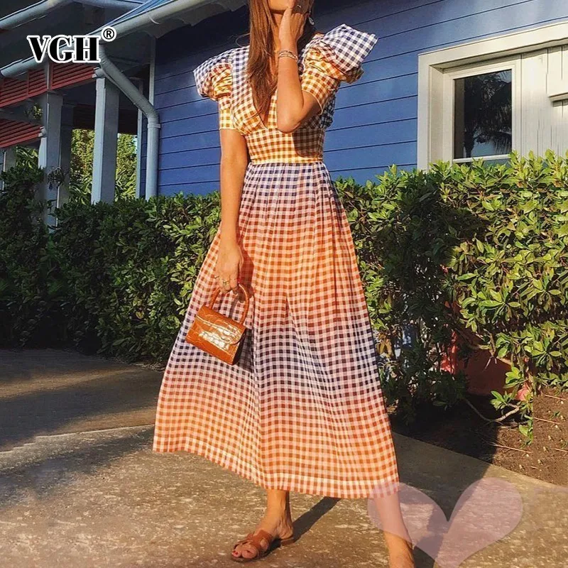 

VGH Plaid Women Dress V Neck Short Puff Sleeve Zipper Bandage Bow High Waist Slim Summer A Line Dresses Female Fashion New 2019